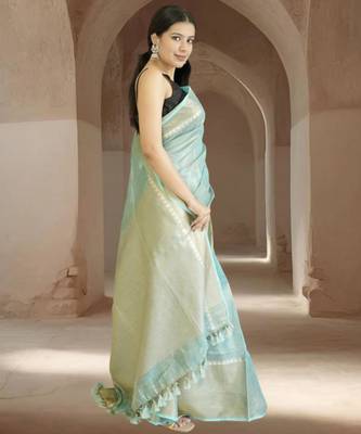 blue tissue linen saree with zari border 5
