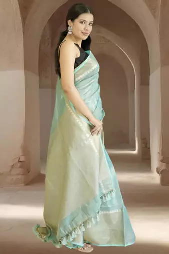 blue tissue linen saree with zari border