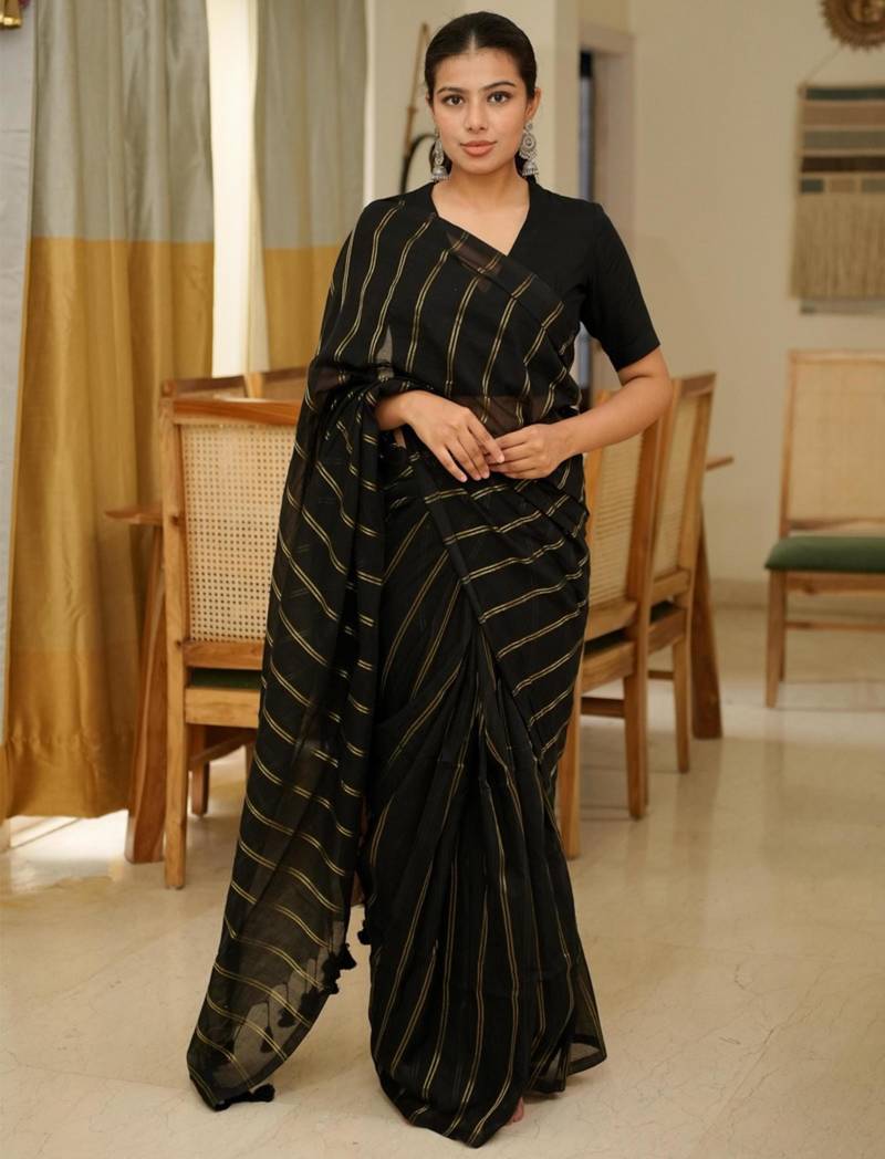 midnight stripes elegant black & gold saree