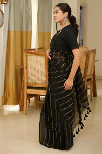 midnight stripes elegant black & gold saree