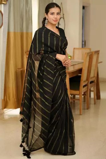 midnight stripes elegant black & gold saree