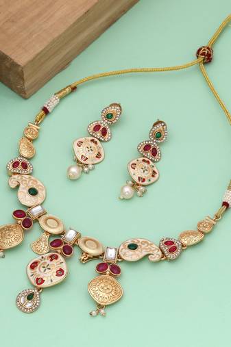 Multi color meena work matte gold necklace set