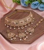Rani & green color choker matte gold necklace set