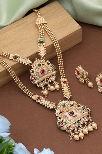 Rani & green color matte gold necklace set