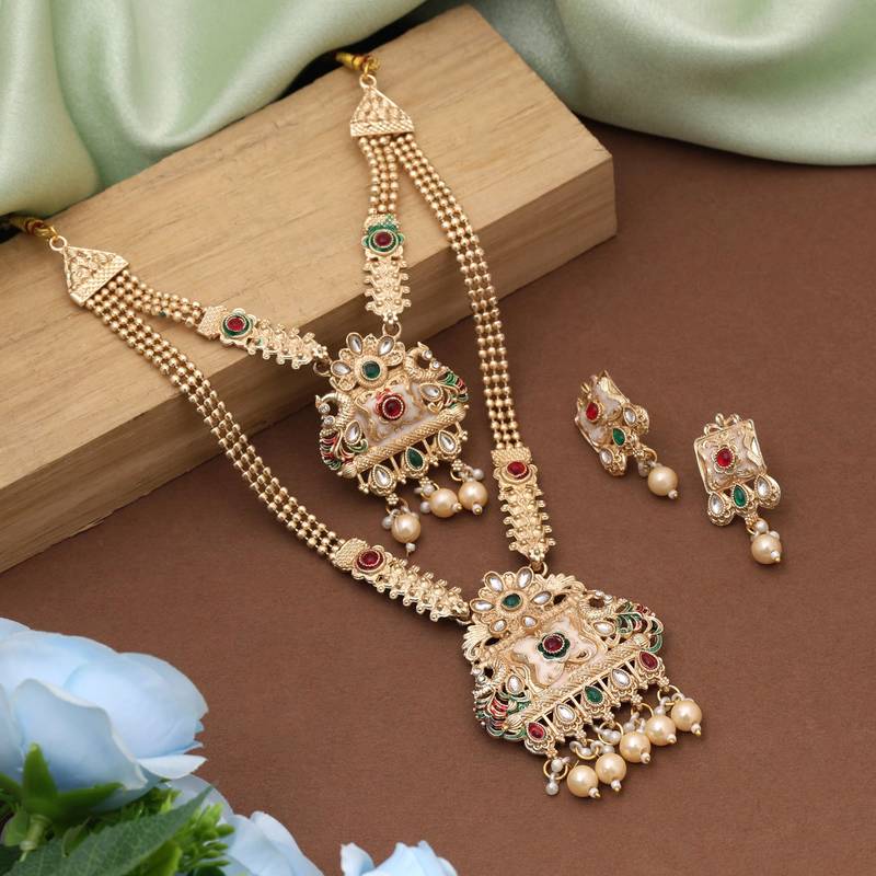 Rani & green color matte gold necklace set