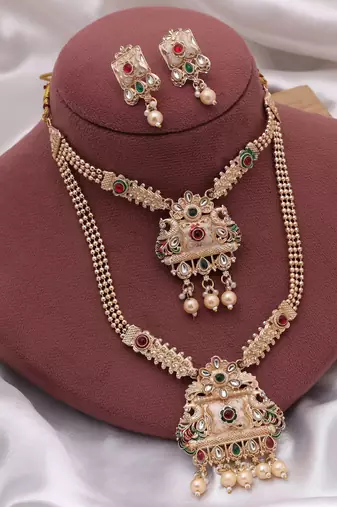 Rani & green color matte gold necklace set