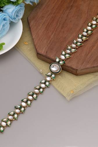 White & green color meena work kundan matha patti