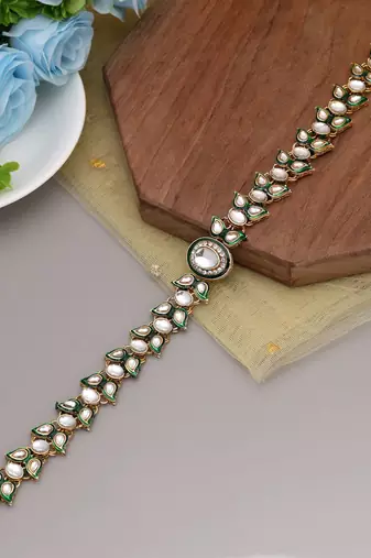 White & green color meena work kundan matha patti