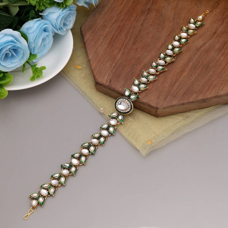 White & green color meena work kundan matha patti