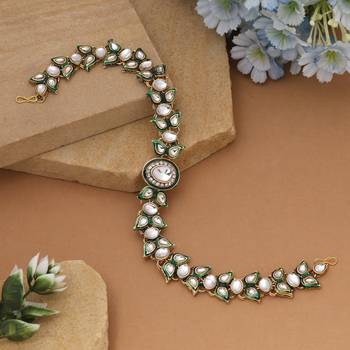 White & green color meena work kundan matha patti 2