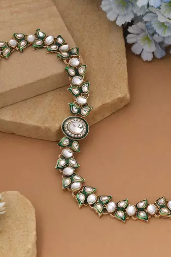 White & green color meena work kundan matha patti