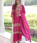 pink faux blooming embroidered kurti pant with dupatta