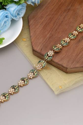 White & green color meena work kundan matha patti