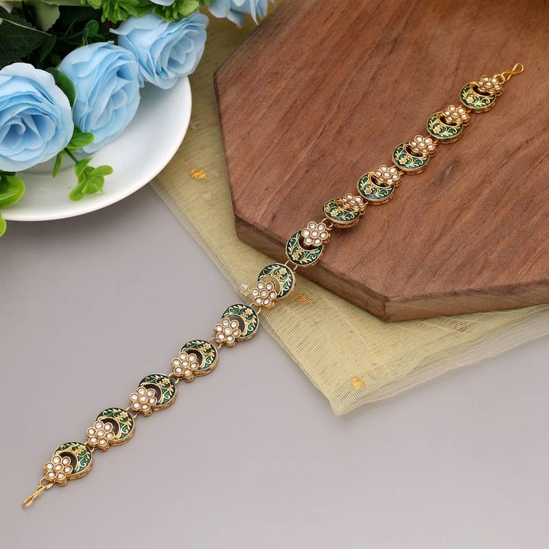 White & green color meena work kundan matha patti