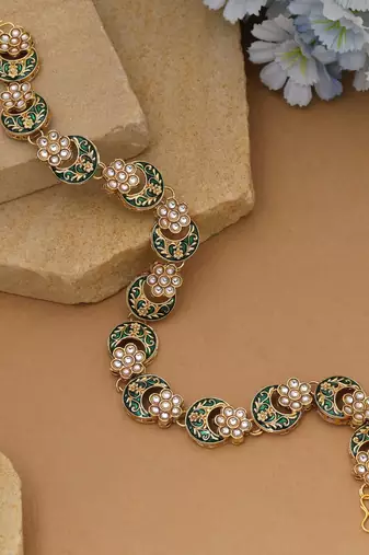 White & green color meena work kundan matha patti
