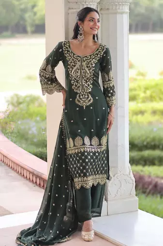 Green faux blooming embroidered kurti pant with dupatta