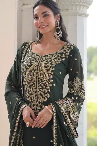 Green faux blooming embroidered kurti pant with dupatta
