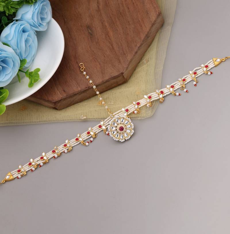 Red & white color kundan matha patti