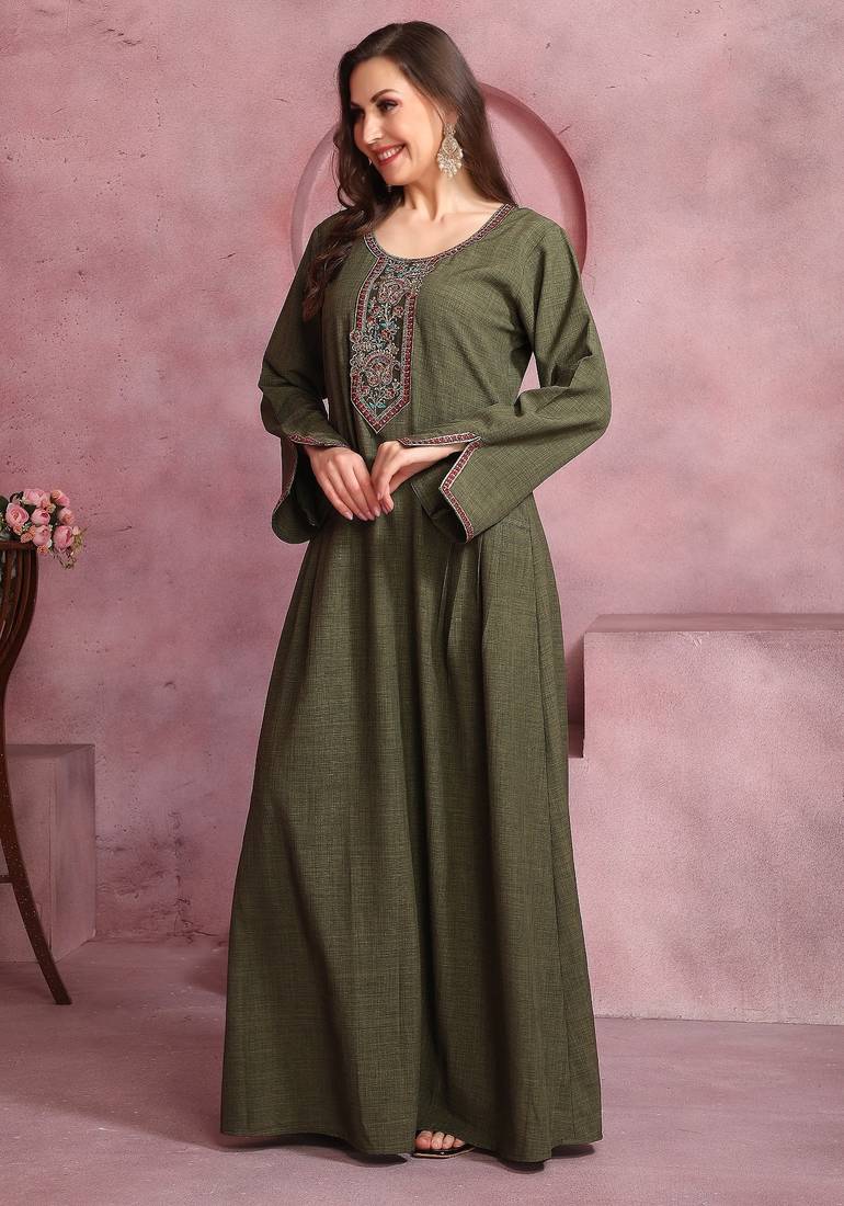 Embroidered Yoke Flared Maxi Dress For Women