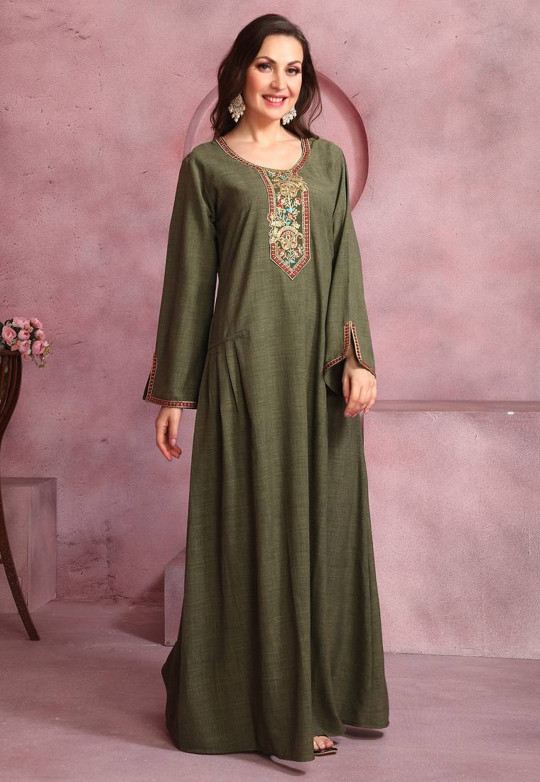 Embroidered Yoke Flared Maxi Dress For Women
