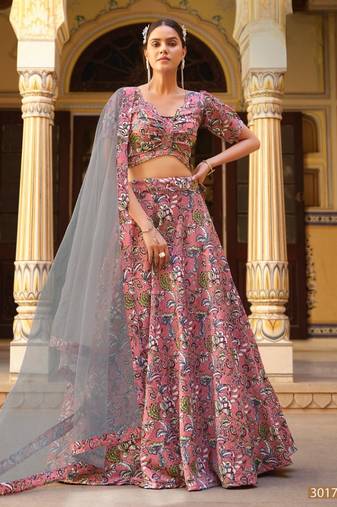 peach silk lehenga choli with floral printed work