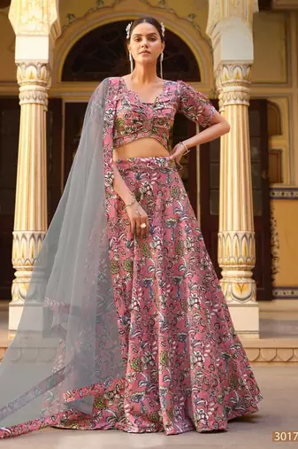 peach silk lehenga choli with floral printed work