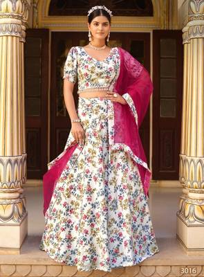 White silk blend Lehenga Choli with Floral Printed Work 1