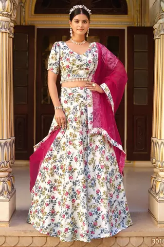 White Silk Semi Stitched Lehenga Choli with Floral Printed Work