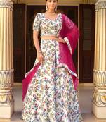 White Silk Semi Stitched Lehenga Choli with Floral Printed Work
