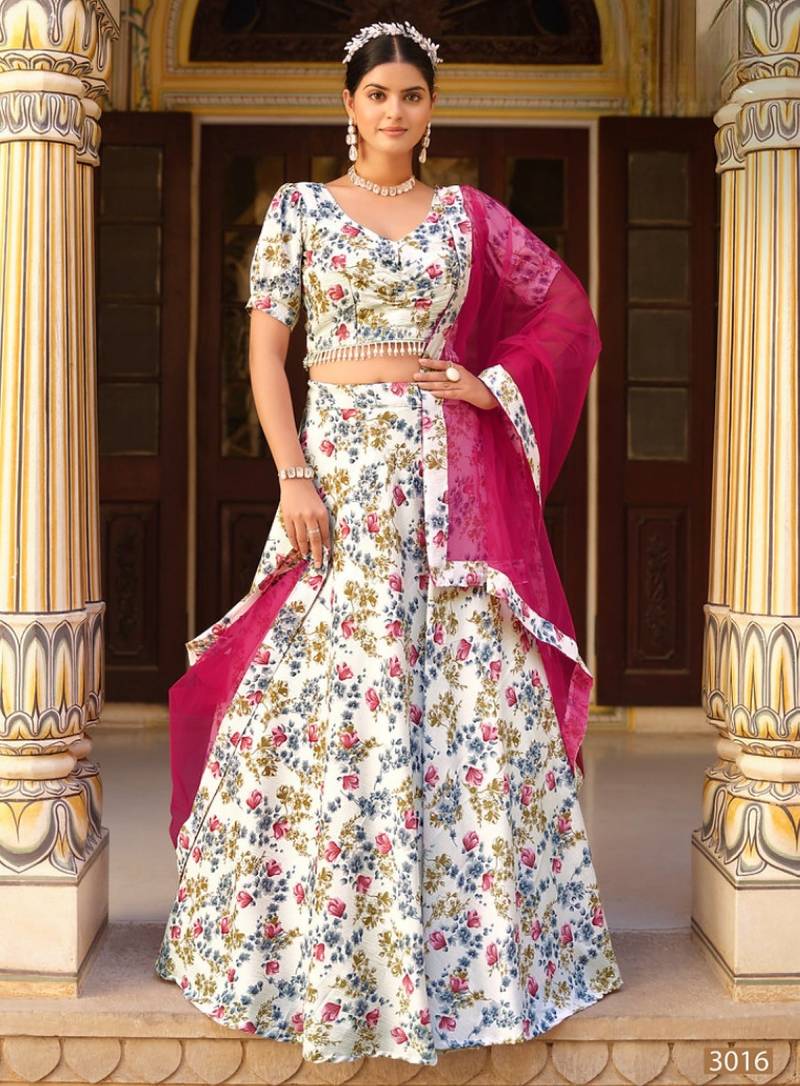 White Silk Semi Stitched Lehenga Choli with Floral Printed Work