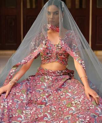 peach silk lehenga choli with floral printed work 2
