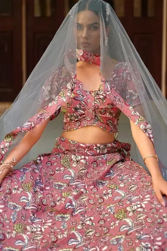 peach silk lehenga choli with floral printed work