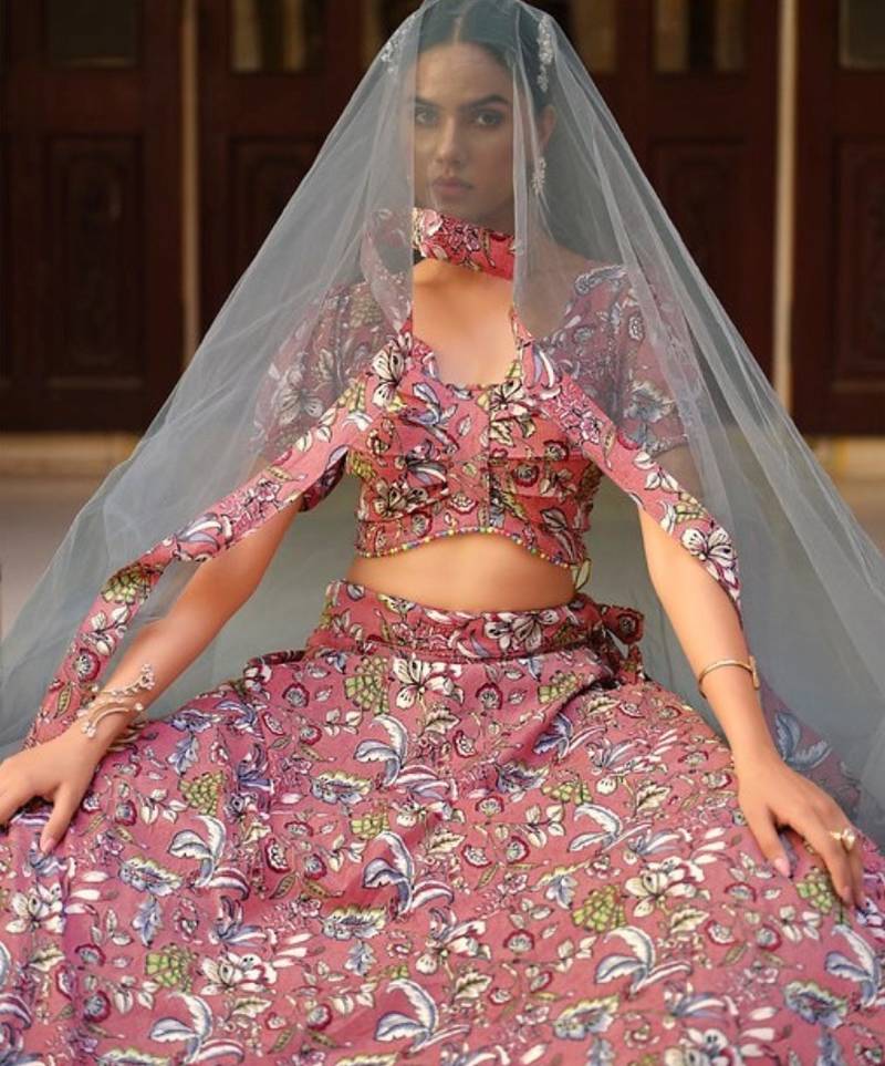 peach silk lehenga choli with floral printed work