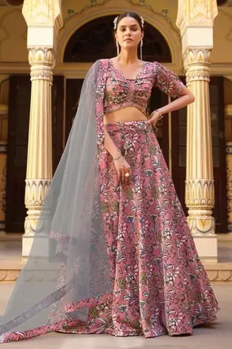 peach silk lehenga choli with floral printed work