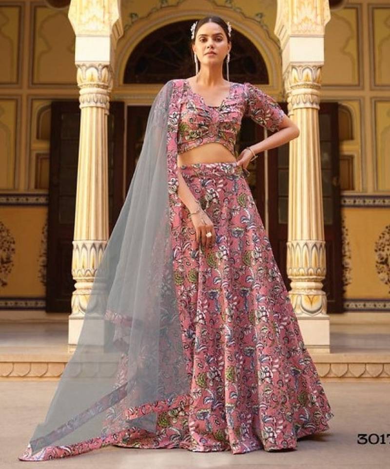 peach silk lehenga choli with floral printed work