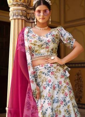 White silk blend Lehenga Choli with Floral Printed Work 2