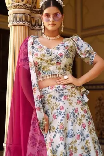 White Silk Semi Stitched Lehenga Choli with Floral Printed Work