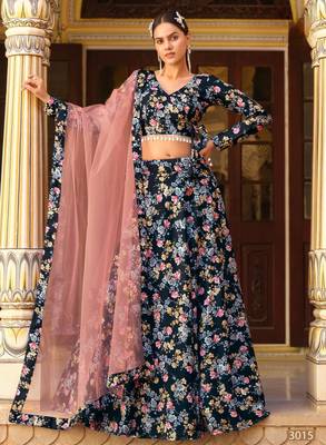 Black Silk Semi Stitched Lehenga Choli with Floral Printed Work 1