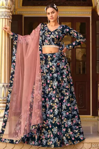 Black Silk Semi Stitched Lehenga Choli with Floral Printed Work