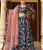 Black Silk Semi Stitched Lehenga Choli with Floral Printed Work