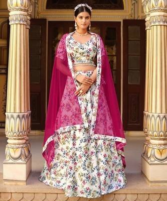 White silk blend Lehenga Choli with Floral Printed Work 3