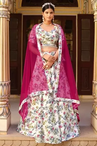 White Silk Semi Stitched Lehenga Choli with Floral Printed Work