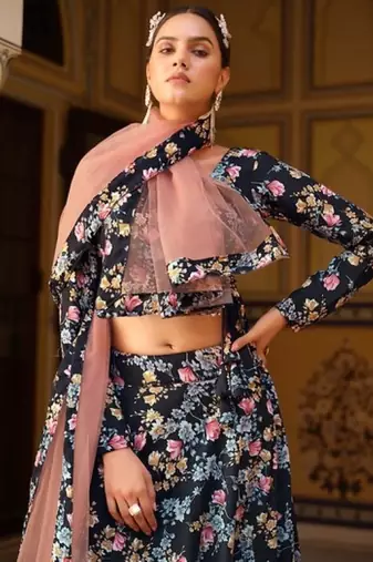 Black Silk Semi Stitched Lehenga Choli with Floral Printed Work