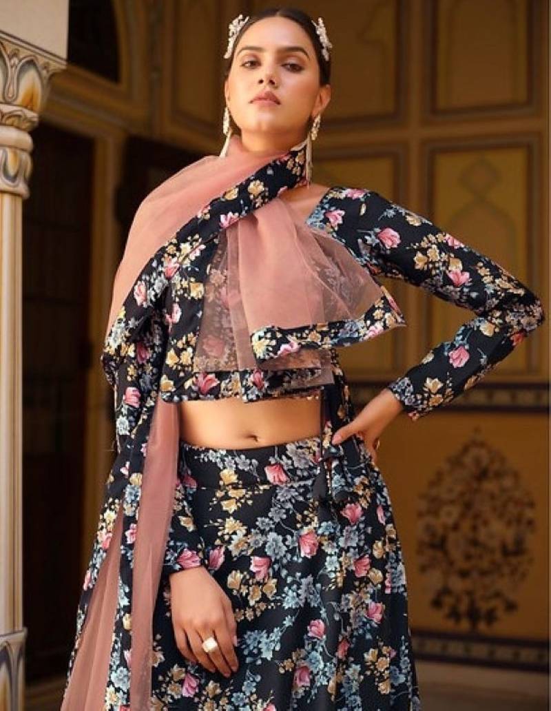 Black Silk Semi Stitched Lehenga Choli with Floral Printed Work