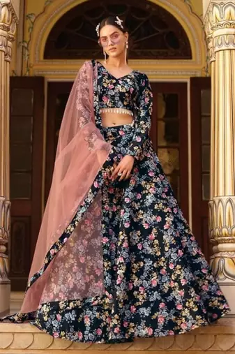 Black Silk Semi Stitched Lehenga Choli with Floral Printed Work