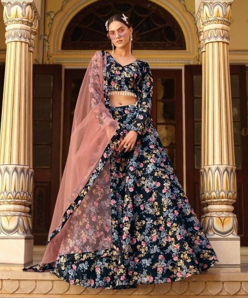 Black Silk Semi Stitched Lehenga Choli with Floral Printed Work