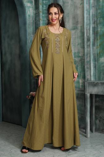 Rust Gold Embroidered Flared Jalabiya by Maxim Creation