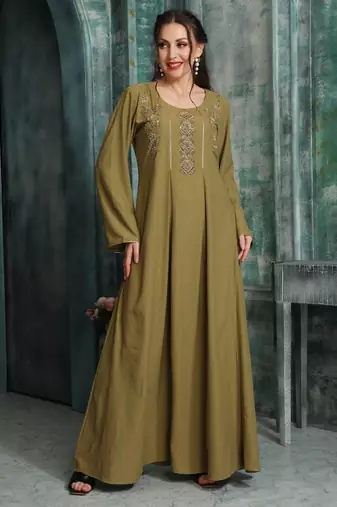 Rust Gold Embroidered Flared Jalabiya by Maxim Creation