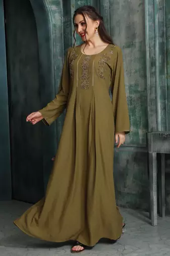 Rust Gold Embroidered Flared Jalabiya by Maxim Creation
