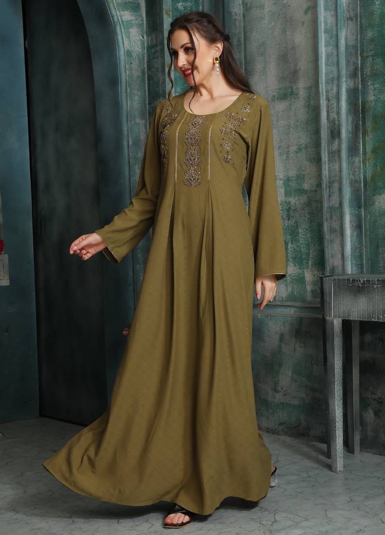 Rust Gold Embroidered Flared Jalabiya by Maxim Creation